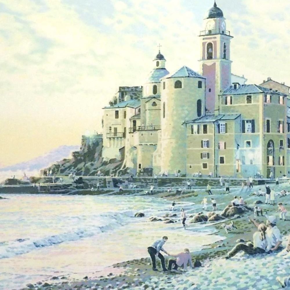 笹倉鉄平 「浜辺の日曜日」 /シルクスクリーン/2004年制作/直筆サイン有り/横長大型作品/イタリアの港町/光の情景画家/真作保証/ENCHANTE拍卖