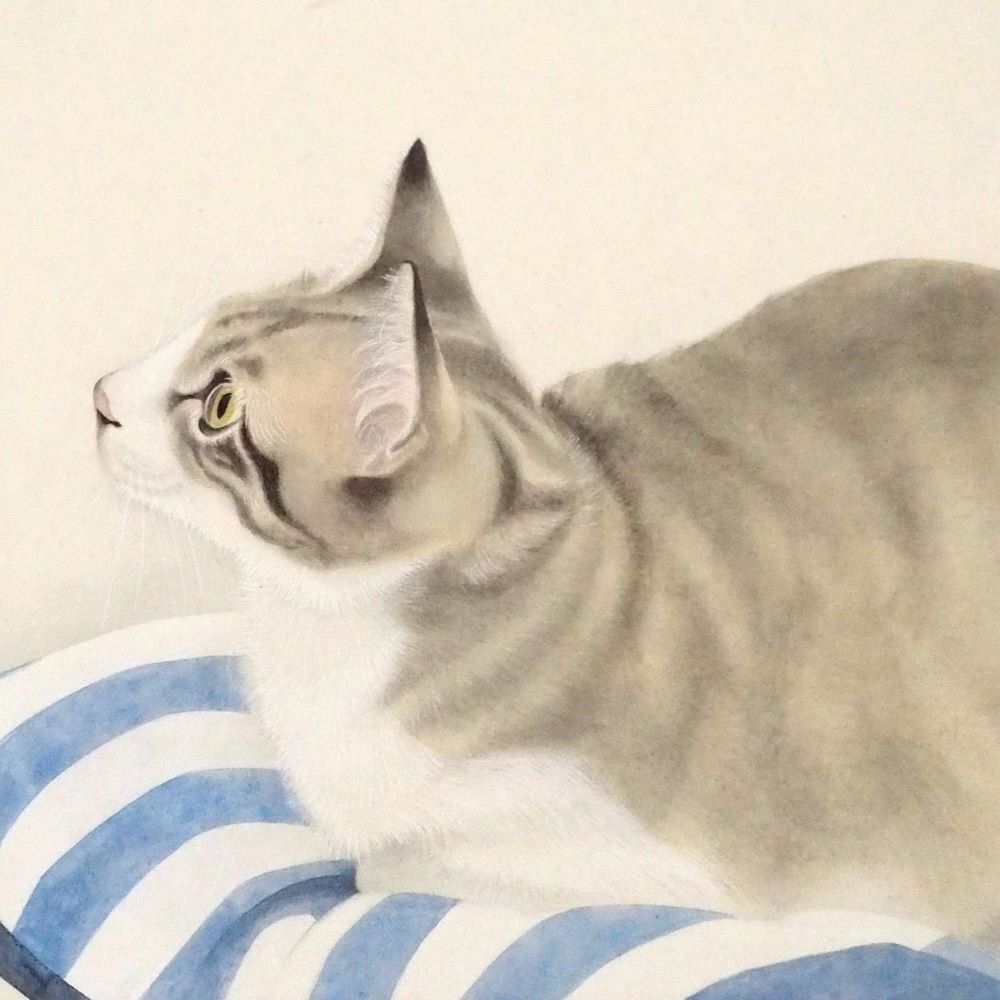 及川聡子 「猫図」 /紙本彩色4号/落款・共シール有り/飾りやすいサイズ/東京学芸大学大学院修了/宮城県芸術協会会員/真作保証/ENCHANTE拍卖