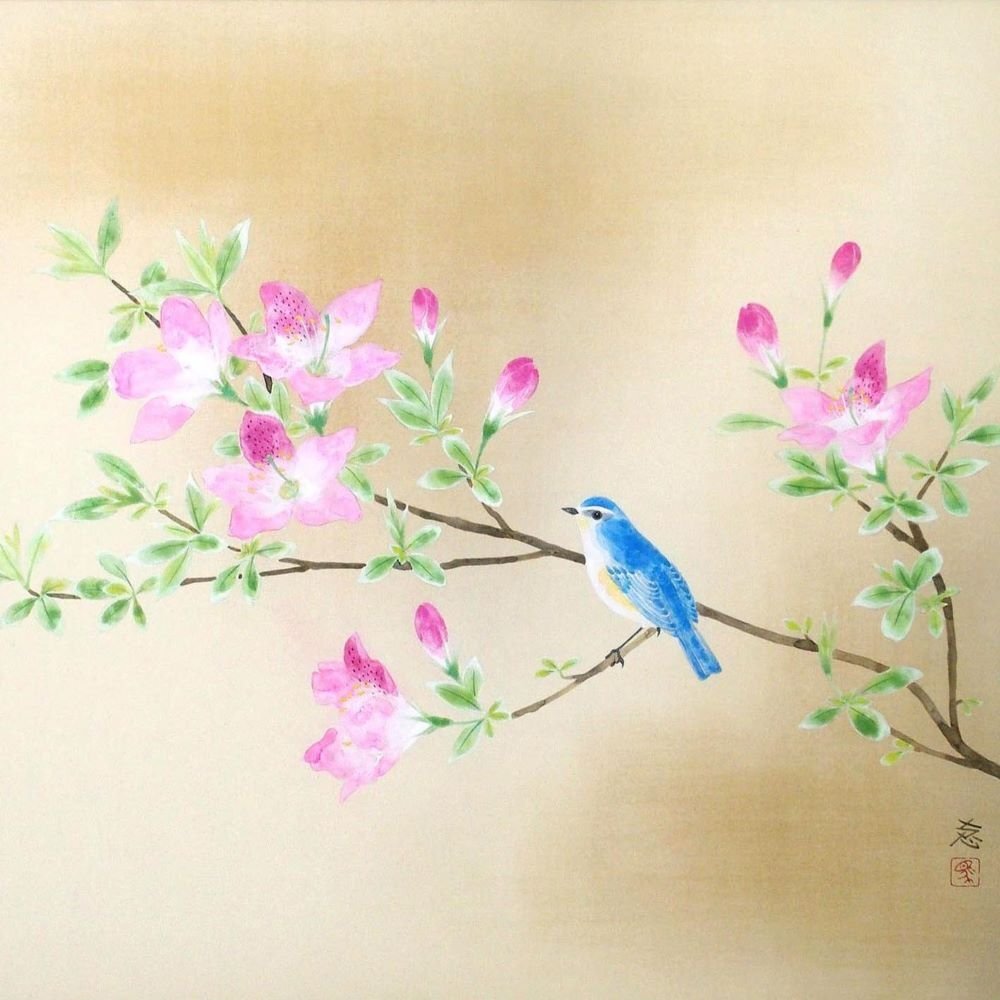 堀川えい子 「つつじと小鳥」 /紙本彩色20号/落款・共シール有り/師:加山又造/上野の森美術館大賞展、現美展他出品/真作保証/ENCHANTE拍卖