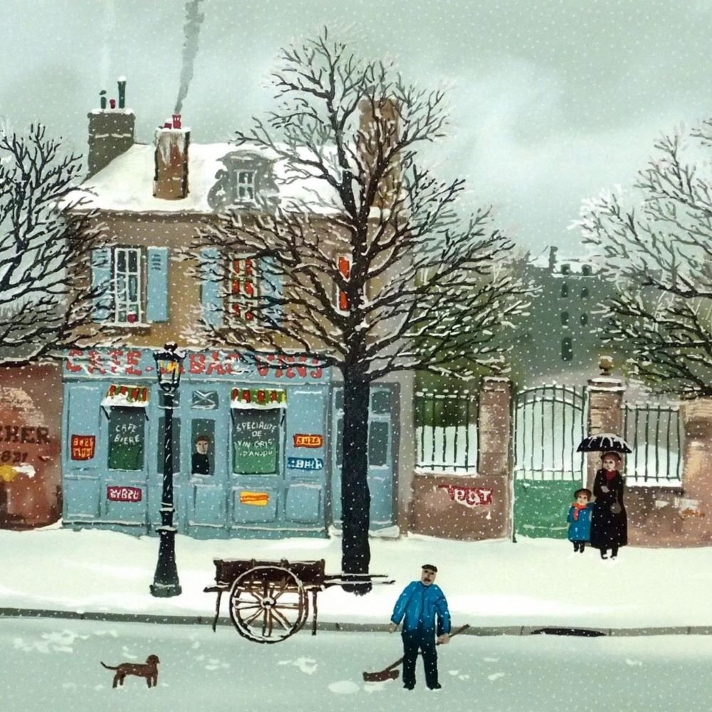 ミッシェル・ドラクロワ「雪の街角」 /リトグラフ/直筆サイン有り/フランス・パリの風景/世界的認知度の極めて高い画家/真作保証/ENCHANTE拍卖