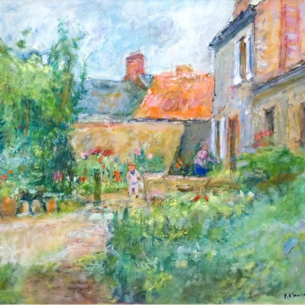 ピエール岩村「庭」 /キャンバスに油彩20号/直筆サイン入り/1974年渡仏/パリ、イギリス、ドイツなどでも個展開催/真作保証/ENCHANTE拍卖