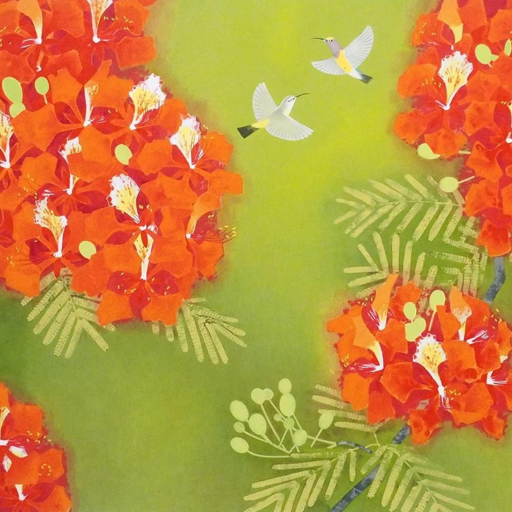 上村松篁 「鳳凰木」 /シルクスクリーン/印有り・額裏に版元シール有り/2000年白寿記念版画/ほうおうぼく/花鳥画/真作保証/ENCHANTE拍卖