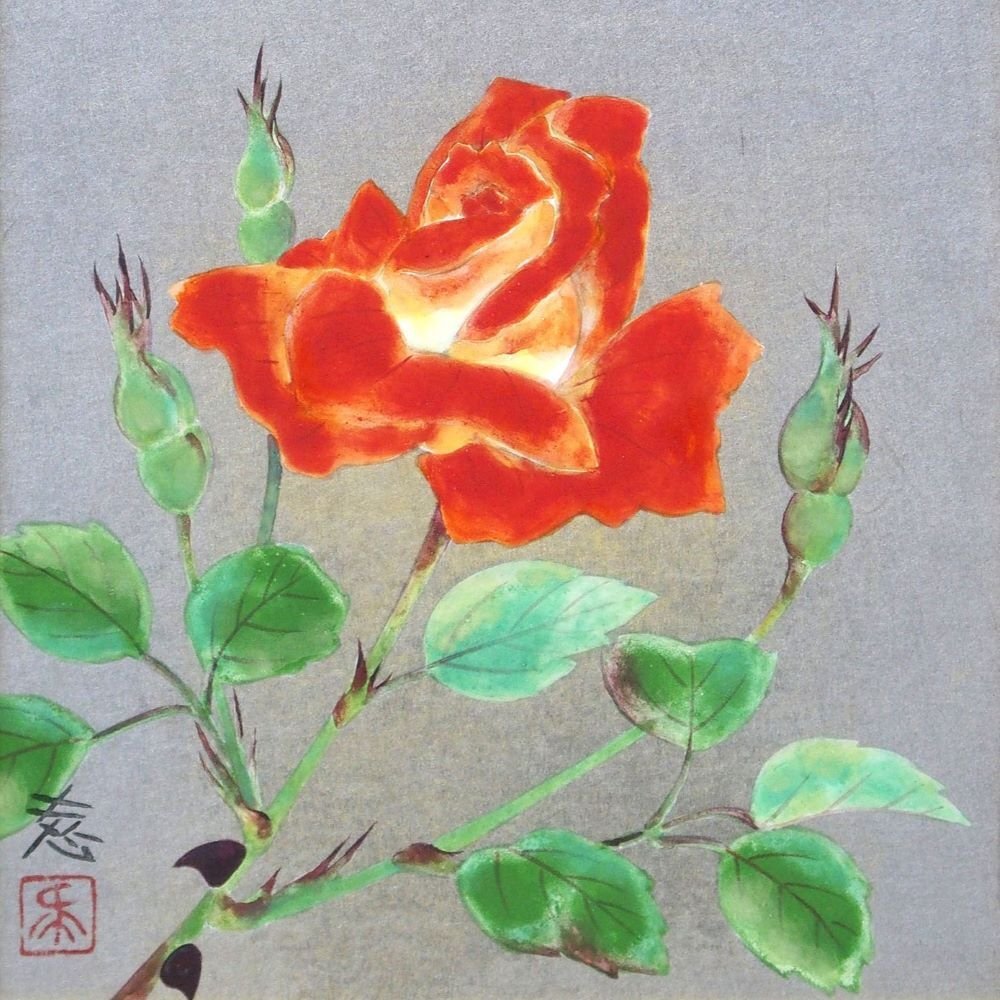 堀川えい子 「紅バラ」 /紙本彩色3号/落款・共シール有り/飾りやすいサイズ/師:加山又造/多彩な制作活動/真作保証/ENCHANTE拍卖