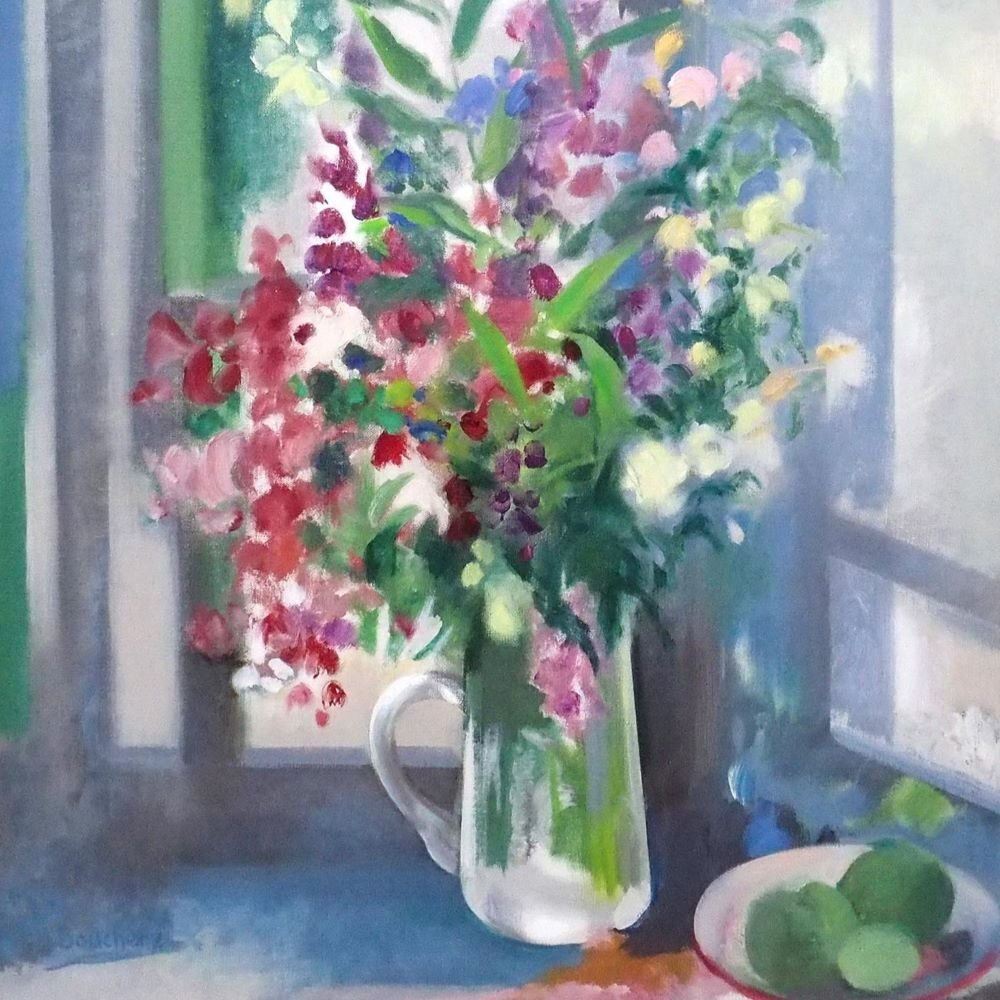 ミシェル・ブーシェリー 「窓辺の花束」 /キャンバスに油彩20号/1987年制作/大判作品/フランス人作家/真作保証/ENCHANTE拍卖