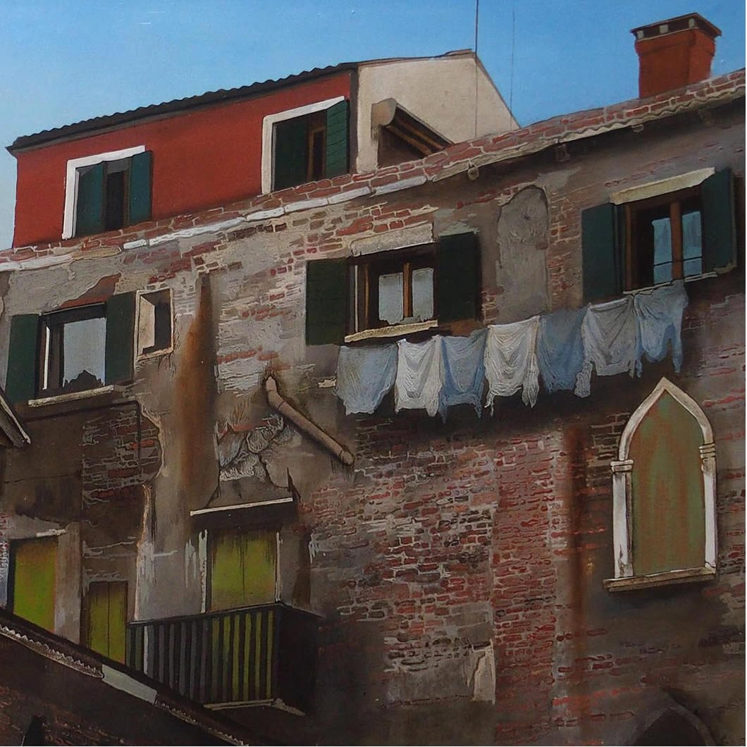 小木曽誠 「ヴェニスの裏路地」/パネルに貼付けした綿布にテンペラ8号/2004年制作/直筆サイン有り/写実絵画/リアリズム/真作保証/ENCHANTE拍卖