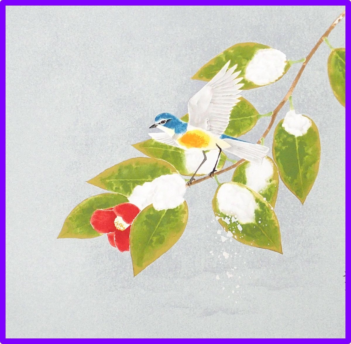 上村淳之「瑠璃鶲」 /リトグラフ/直筆サイン・印有り/大本山増上寺 天井繪 石版画五葉より/四季の草花/シートのみ/真作保証/ENCHANTE拍卖