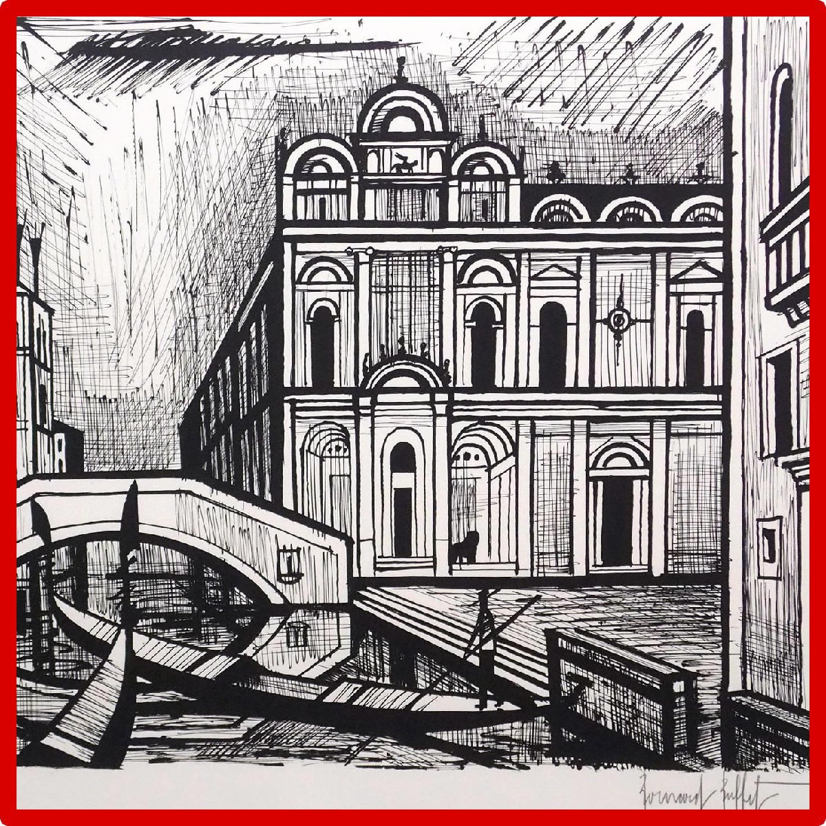 ベルナール・ビュッフェ 「「スコラサンマルコ」 ベニスシリーズ」 /リトグラフ/1986年制作/直筆サイン有り/モノクロ版/真作保証/ENCHANTE拍卖