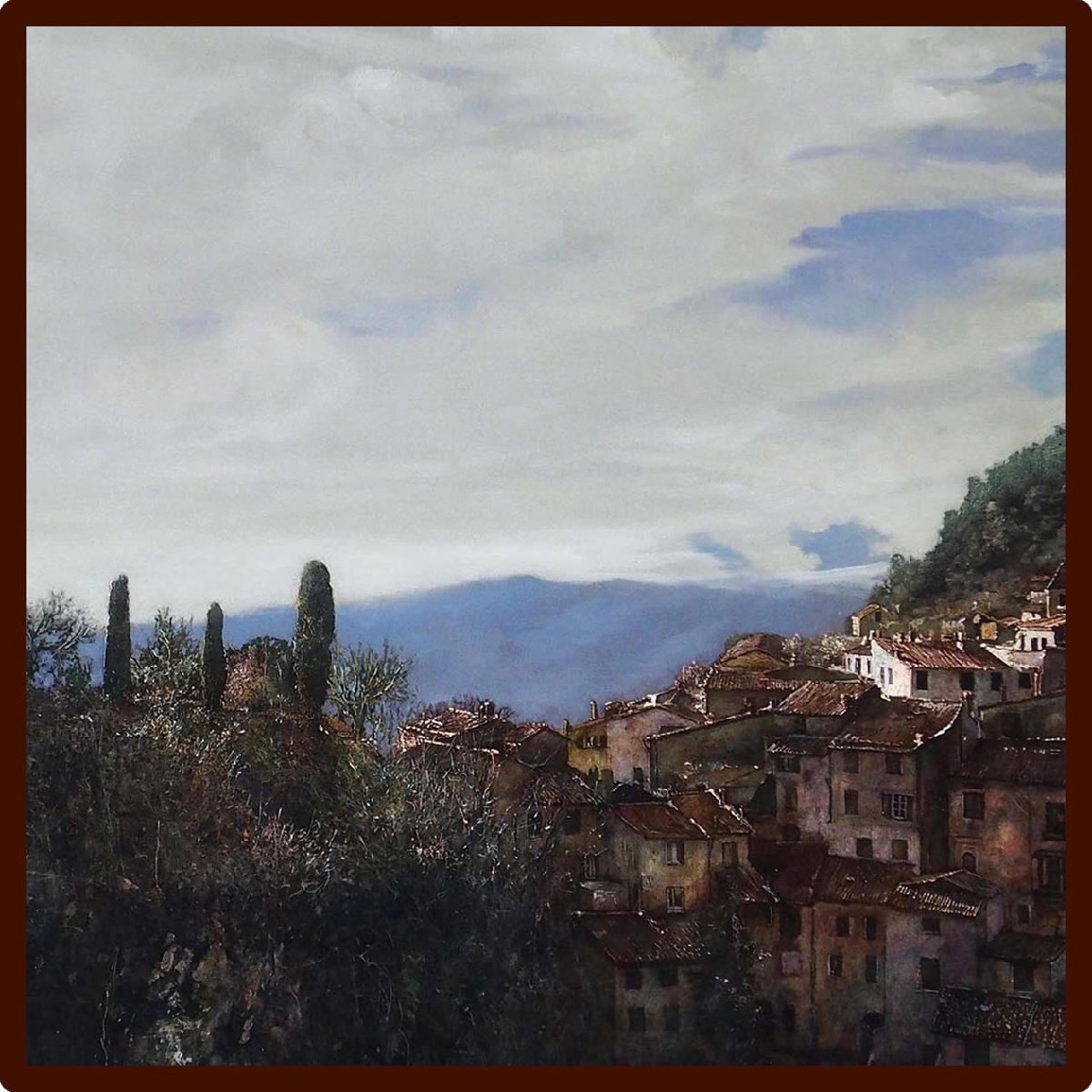 竹内康行「山間(やまあい)の村」 /板に油彩12号/写実/中世ヨーロッパの油絵技法を習得/セントラル油絵大賞展優秀賞/真作保証/ENCHANTE拍卖