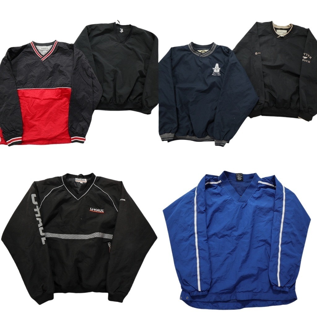 古着卸 まとめ売り ナイロンプルオーバー 6枚セット (メンズ S /M ) バイカラー Vネック 無地 ライン アームロゴ 中古 古着 NC1514拍卖