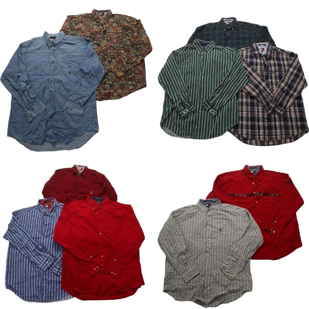 古着卸 まとめ売り 90s トミーヒルフィガー 長袖シャツ 10枚セット (メンズ L /XL ) 総柄 デニム チェック NC1688 1円スタート拍卖