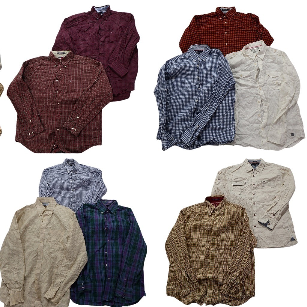 古着卸 まとめ売り トミーヒルフィガー 長袖シャツ 10枚セット (メンズ M /L ) ギンガム マドラス ストライプ NC1704 1円スタート拍卖