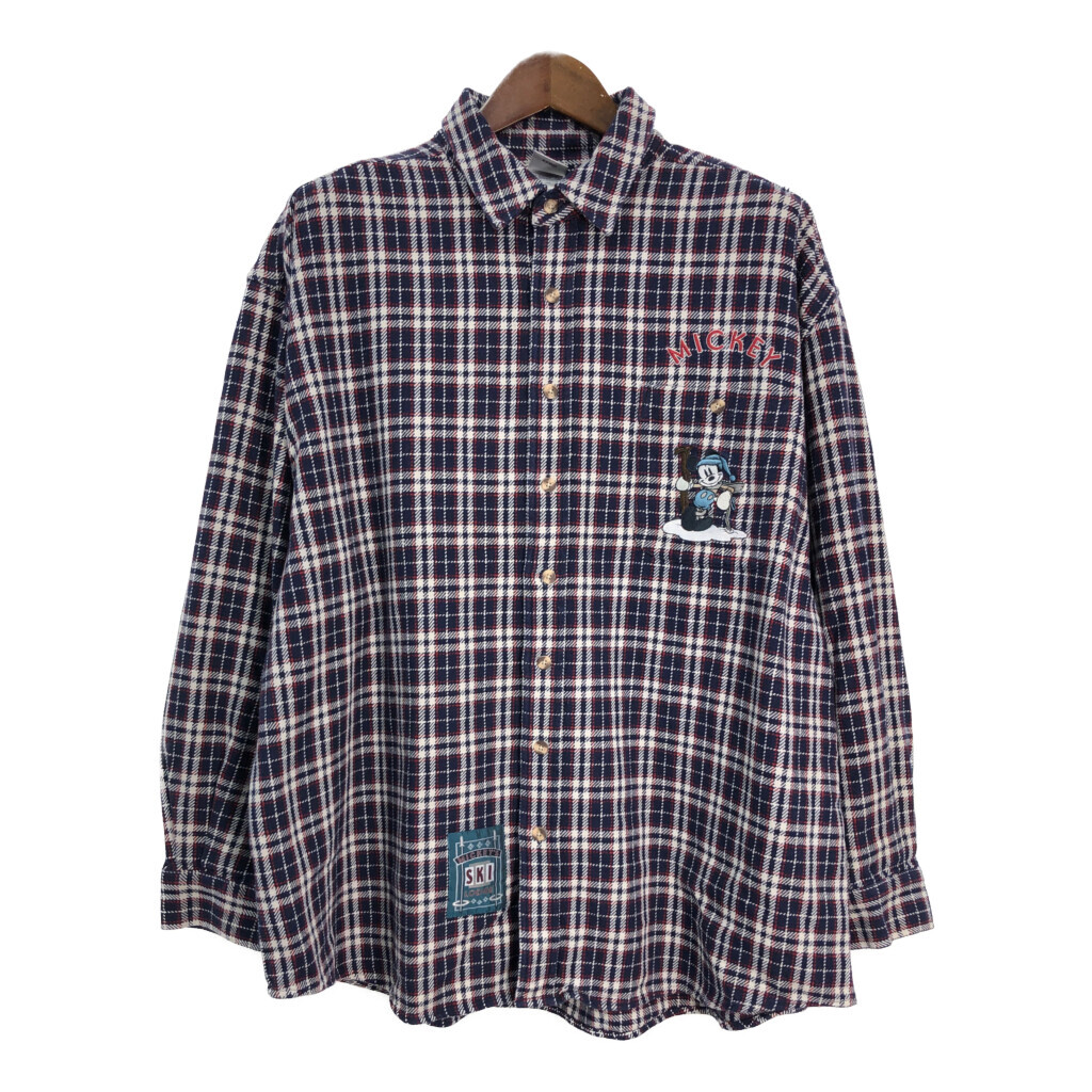 90年代 Disney ディズニー THE DISNEY CATALOG ミッキーマウス 長袖シャツ チェック キャラクター ネイビー (メンズ XL) 中古 古着 R8964拍卖