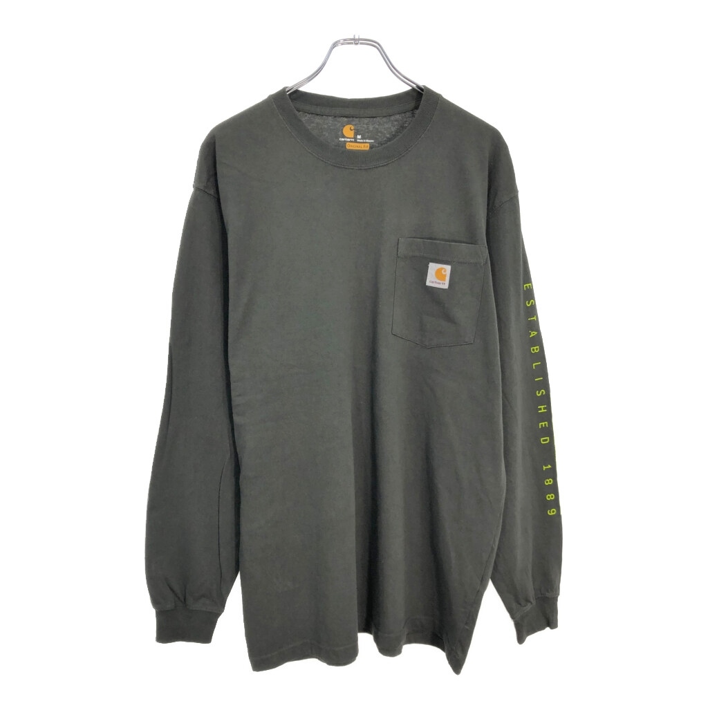 Carhartt カーハート 長袖ポケットTシャツ ワーク 袖プリント グレー(メンズ M)中古 古着 U5619拍卖