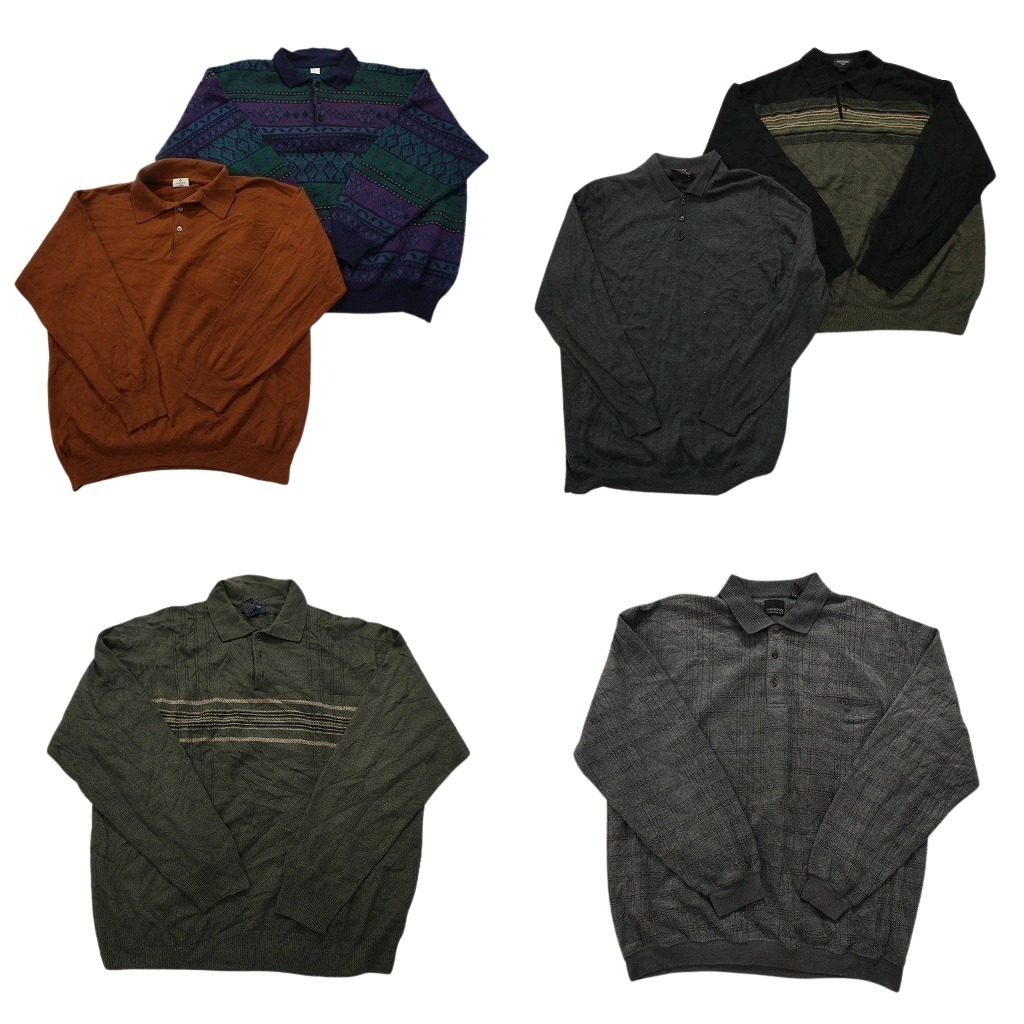 古着卸 まとめ売り ニットポロ セーター 6枚セット (メンズ XL /2XL ) ライン 胸ポケット 総柄 無地 チェック NC2978 1円スタート拍卖