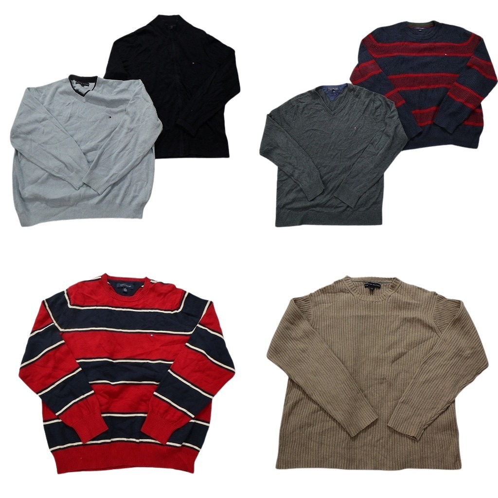 古着卸 まとめ売り トミーヒルフィガー セーター 6枚セット (メンズ L /XL ) リブニット ボーダー フルジップ Vネック NC3099 1円スタート拍卖