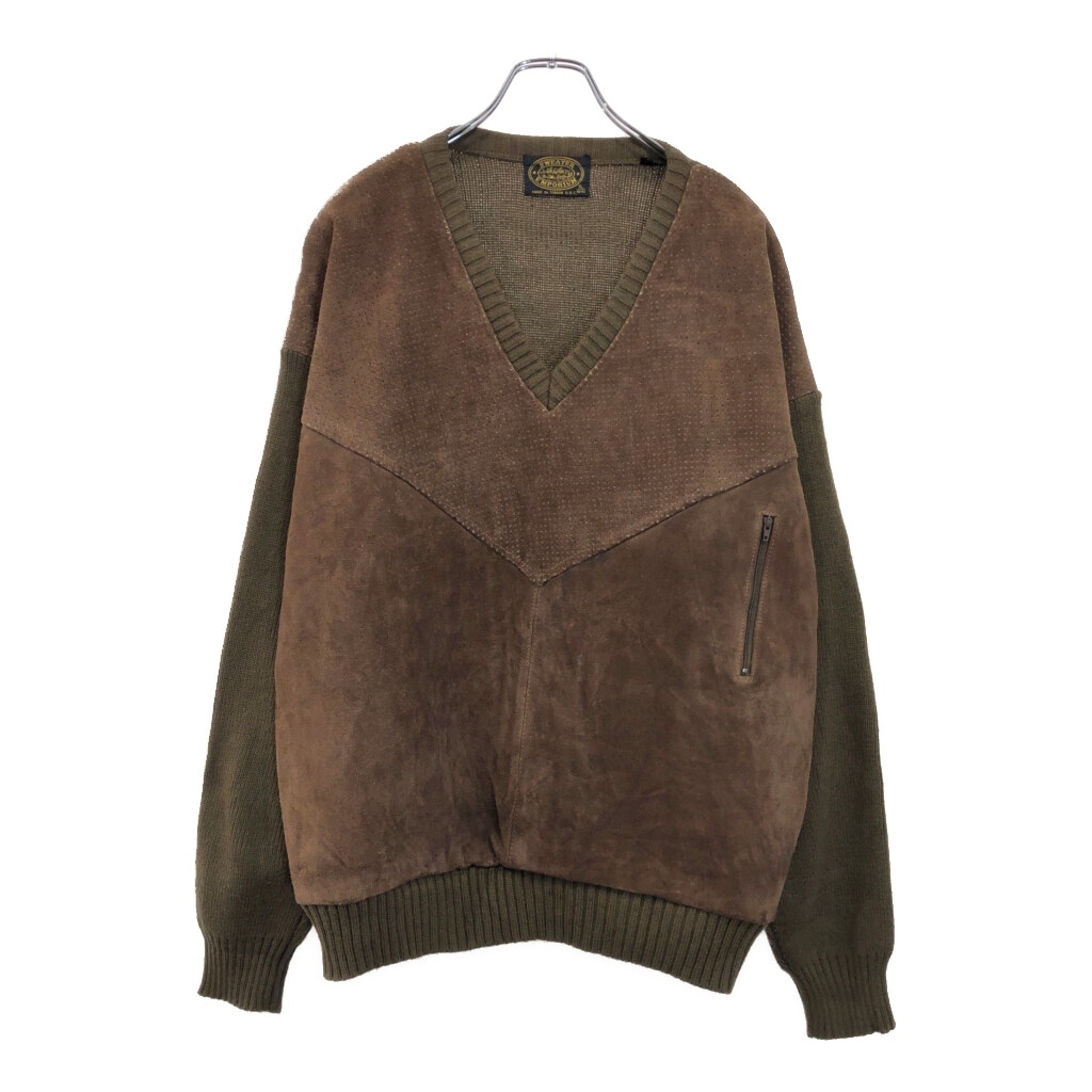 90年代 SWEATER EMPORIUM スエードレザー アクリルニット Vネック セーター ブラウン(メンズ XL)中古 古着 V0294拍卖