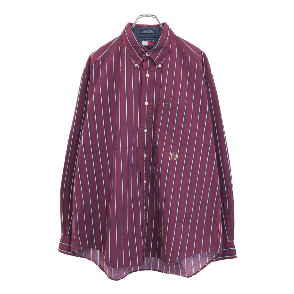 90年代 TOMMY HILFIGER トミーヒルフィガー ボタンダウン ストライプ 長袖シャツ パープル(メンズ L)中古 古着 V1598拍卖