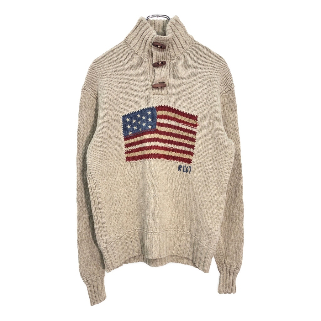 Polo by Ralph Lauren ポロ ラルフローレン 星条旗 リネンニット セーター ベージュ(メンズ M)中古 古着 V1408拍卖