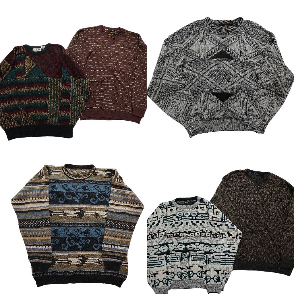 古着卸 まとめ売り 総柄ニット セーター 6枚セット (メンズ XL ) Vネック 幾何学模様 モノトーン 中古 古着 NC3543拍卖