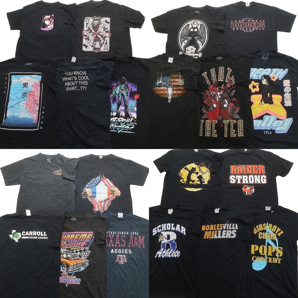 古着卸 まとめ売り 黒ボディ 半袖Tシャツ 20枚セット (メンズ S /M ) レーシング 大判プリント キャラクター NC3713 1円スタート拍卖