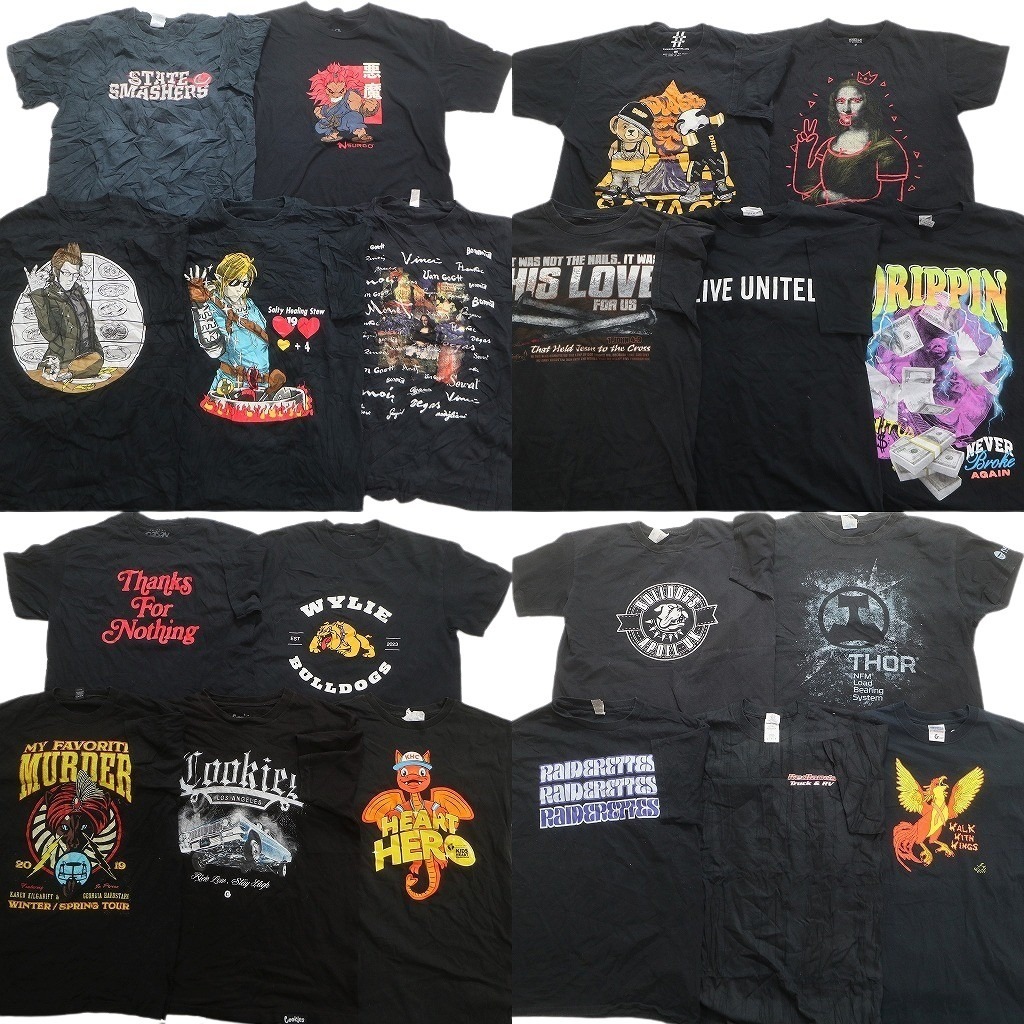 古着卸 まとめ売り 黒ボディ 半袖Tシャツ 20枚セット (メンズ M ) キャラクター 大判プリント 乗り物 車 NC3712 1円スタート拍卖