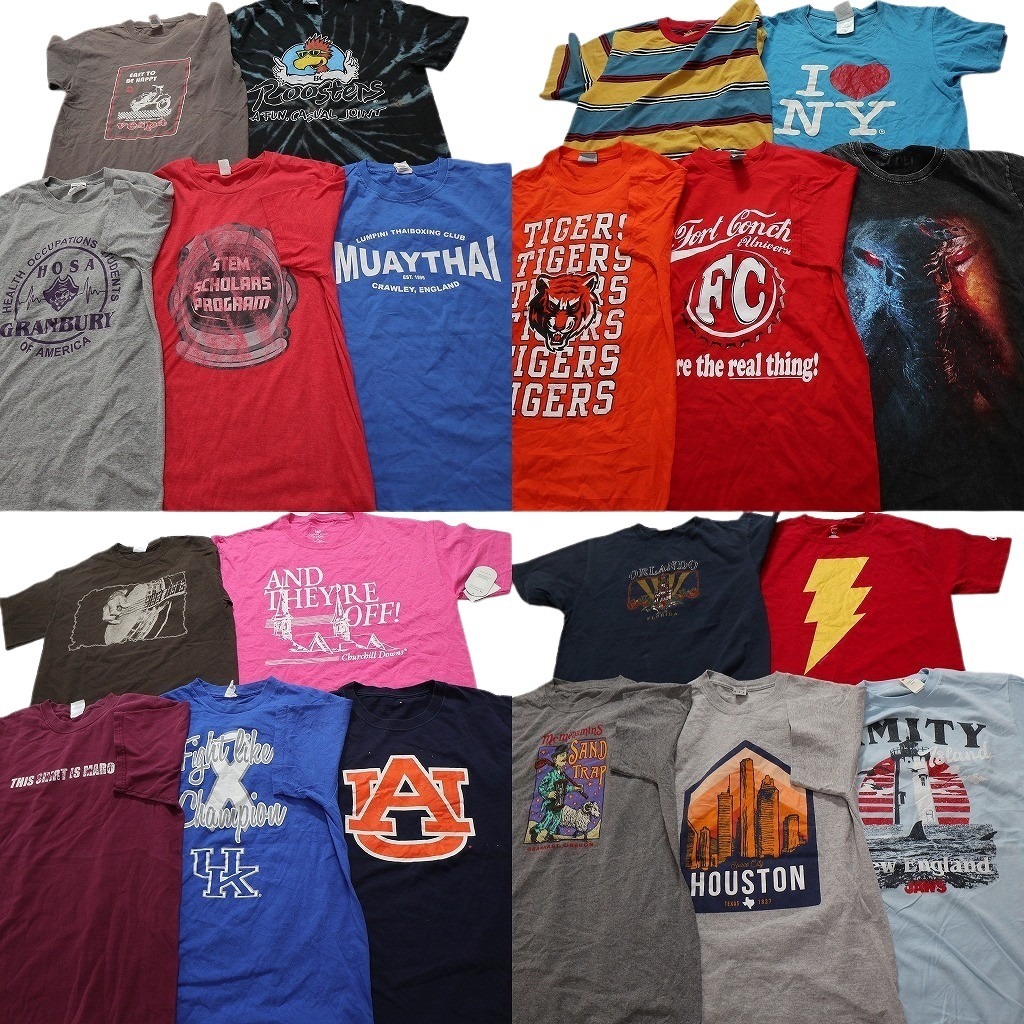 古着卸 まとめ売り カラーmix 半袖Tシャツ 20枚セット (メンズ S /M ) ボーダー チームロゴ 大判プリント 中古 古着 NC3866 1円スタート拍卖