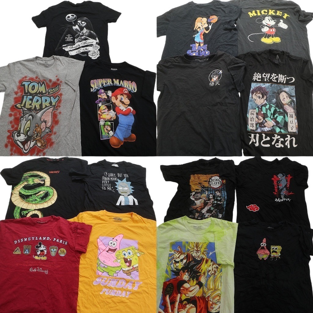 古着卸 まとめ売り キャラクター 半袖Tシャツ 15枚セット (メンズ XS /S ) ドラゴンボール 鬼滅の刃 ナルト トムとジェリー 古着 NC3882拍卖