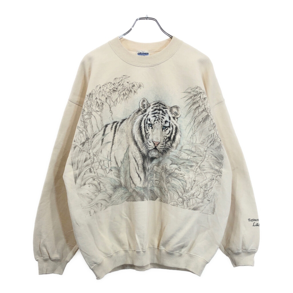 GILDAN ギルダン アニマルプリント タイガー スウェット アイボリー(メンズ XL)中古 古着 v4461拍卖