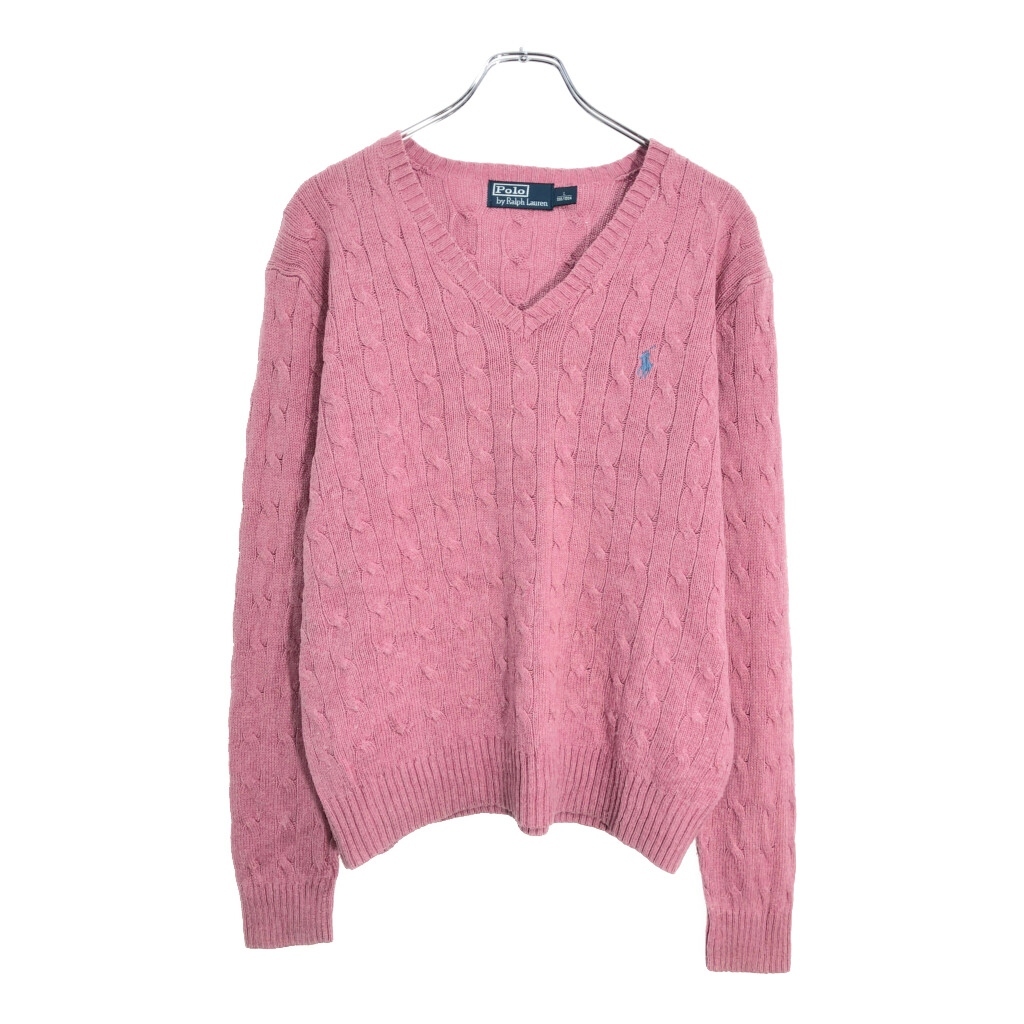 Polo by Ralph Lauren ポロ ラルフローレン Vネック ケーブルニット シルクセーター ピンク(メンズ L)中古 古着 V4719拍卖