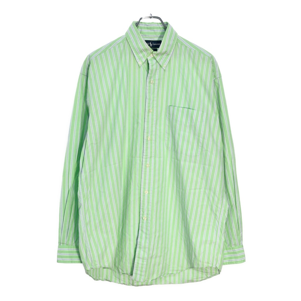 90年代 RALPH LAUREN ラルフローレン BLAKE ボタンダウン 長袖シャツ ストライプ ライトグリーン(メンズ M)中古 古着 V4835拍卖