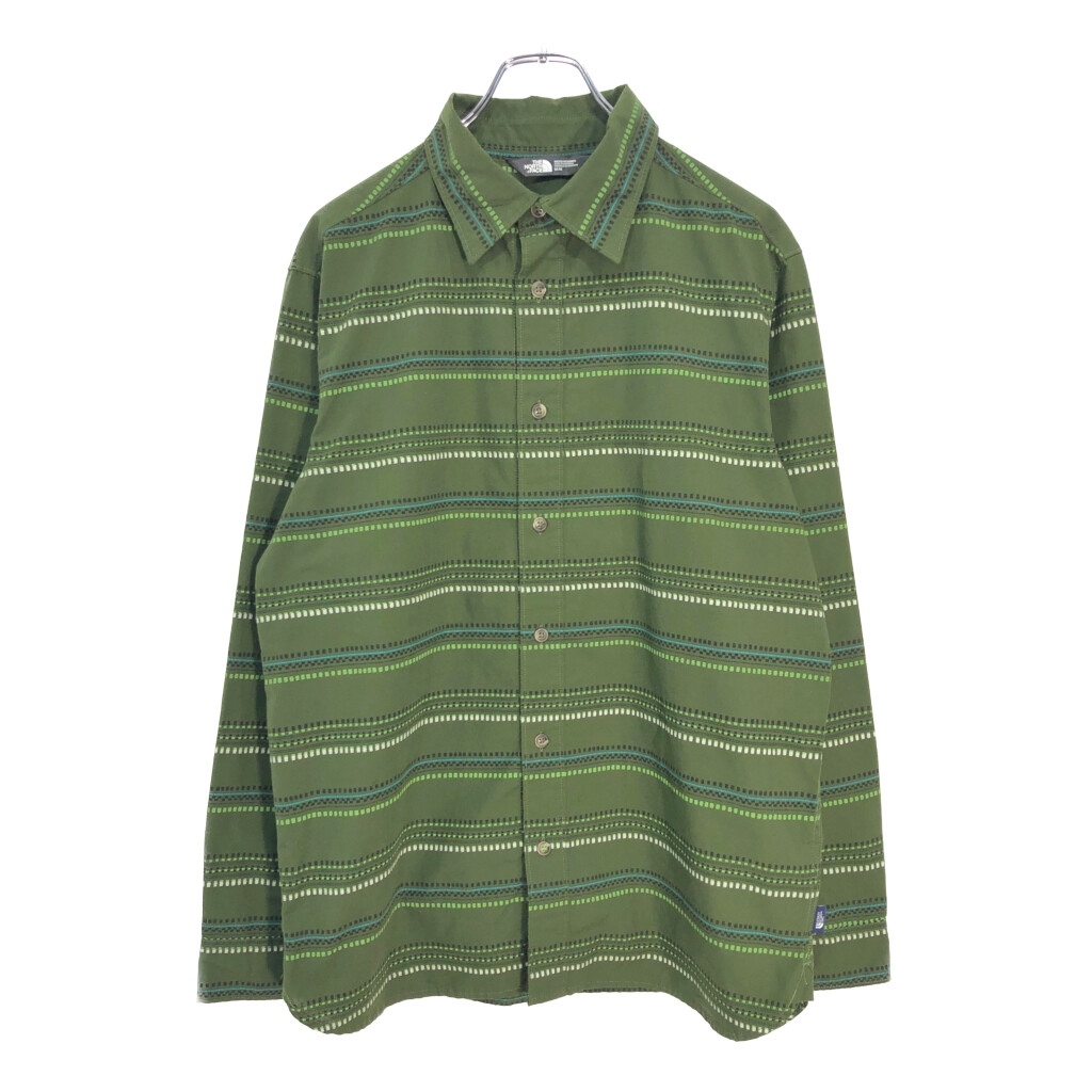 THE NORTH FACE ノースフェイス ボタンダウン 長袖シャツ アウトドア ボーダー グリーン(メンズ M)中古 古着 V5546拍卖