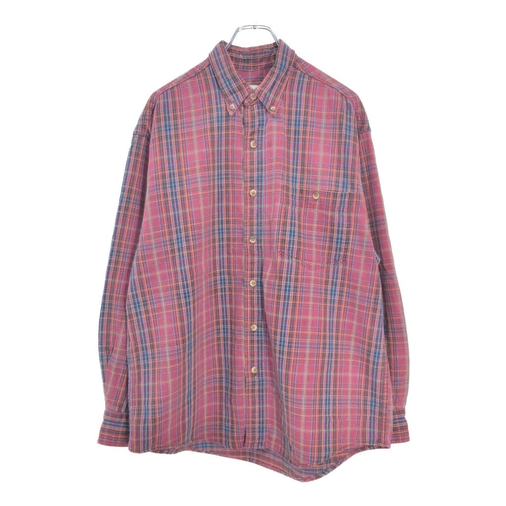 90年代 Eddie Bauer エディーバウアー ボタンダウン フランネルシャツ アウトドア チェック ワインレッド(メンズ L)中古 古着 V5547拍卖