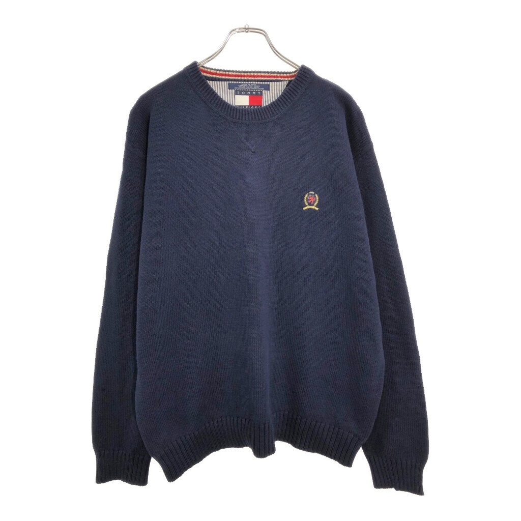 90年代 TOMMY HILFIGER トミーヒルフィガー コットンニットセーター ネイビー(メンズ XL)中古 古着 V5746拍卖