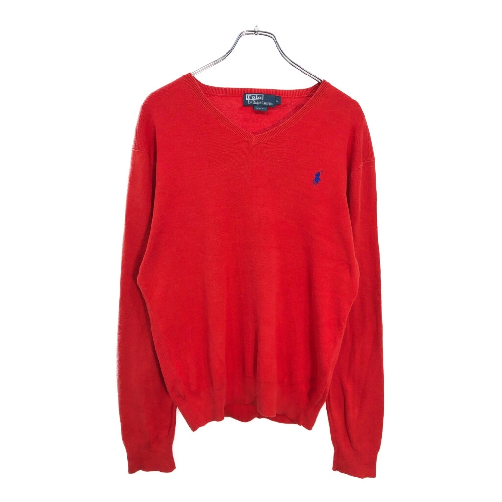 Polo by Ralph Lauren ポロ ラルフローレン Vネック コットンニット セーター レッド(メンズ L)中古 古着 V5795拍卖