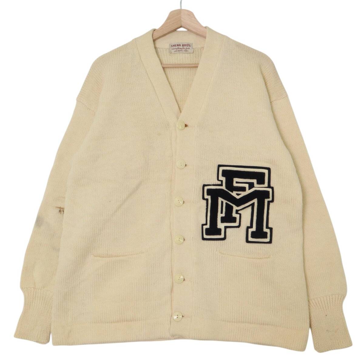 50年代 SHENK BROS レタードニット カーディガン ヴィンテージ アイボリー(メンズ XL相当)中古 古着 A4470拍卖