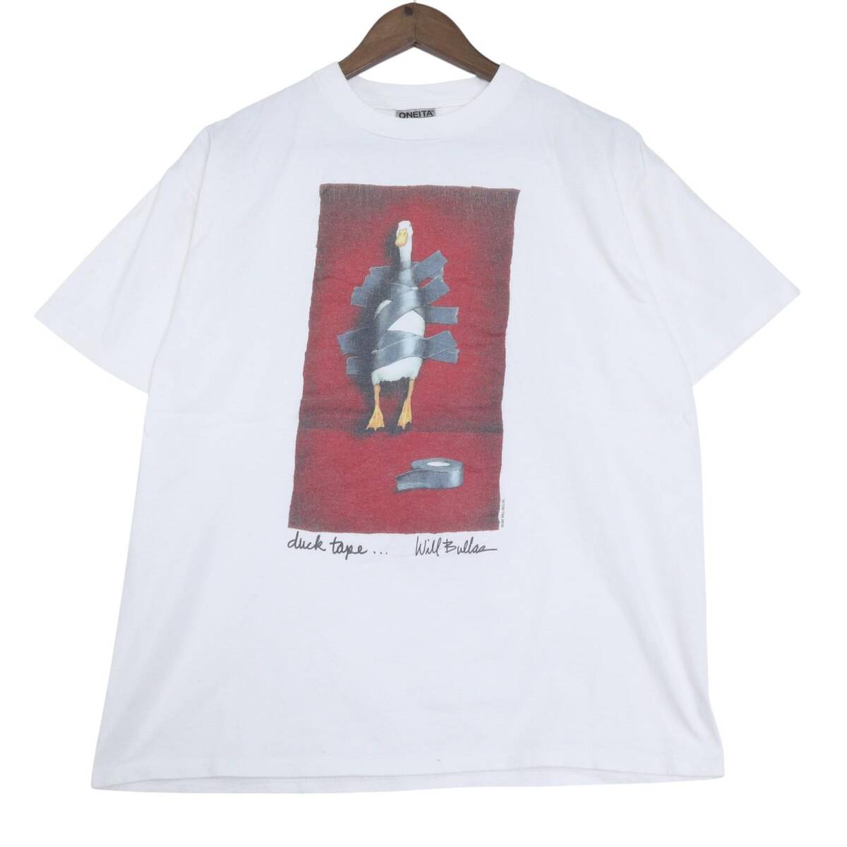 90年代 USA製 ONEITA オニータ Will Bullas "Duck Tape" アート 半袖Tシャツ ホワイト(メンズ L )中古 古着 A4770拍卖