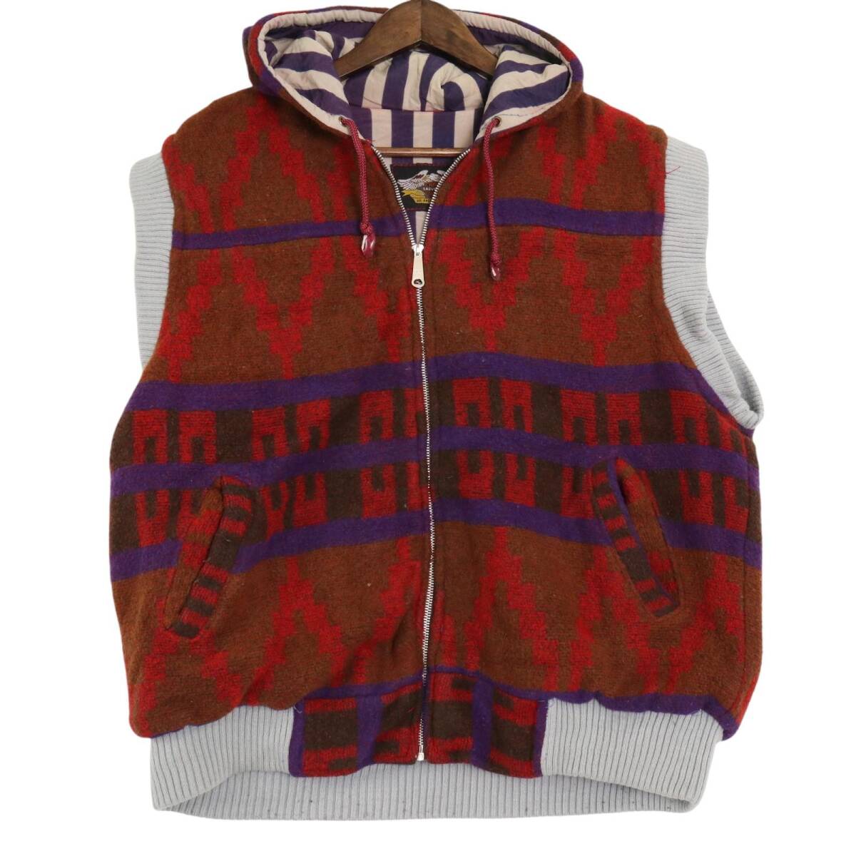 80年代 EASYRIDER ウール フーデッド ベスト 総柄 ブラウン (メンズ L相当) 中古 古着 A3359拍卖