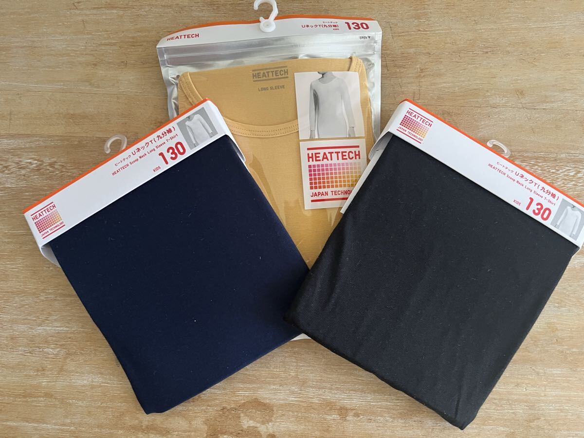 ★新品★ 【 ユニクロ UNIQLO 】★ ヒートテック 3点セット ★ 黒 紺 マスタード ★ 130★ 長袖 ★ アンダーシャツ 下着 シャツ ウォーム拍卖