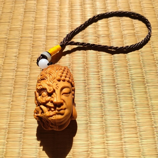 一念佛魔 根付 ストラップ 大きい 仏 悪魔 善悪 鬼 木彫り お守り拍卖