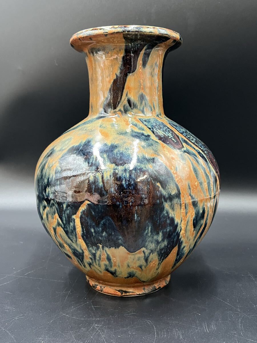 古陶風 壺 花瓶 窯変釉 約20cm 花器 花入れ 陶器 壷 インテリア置物拍卖