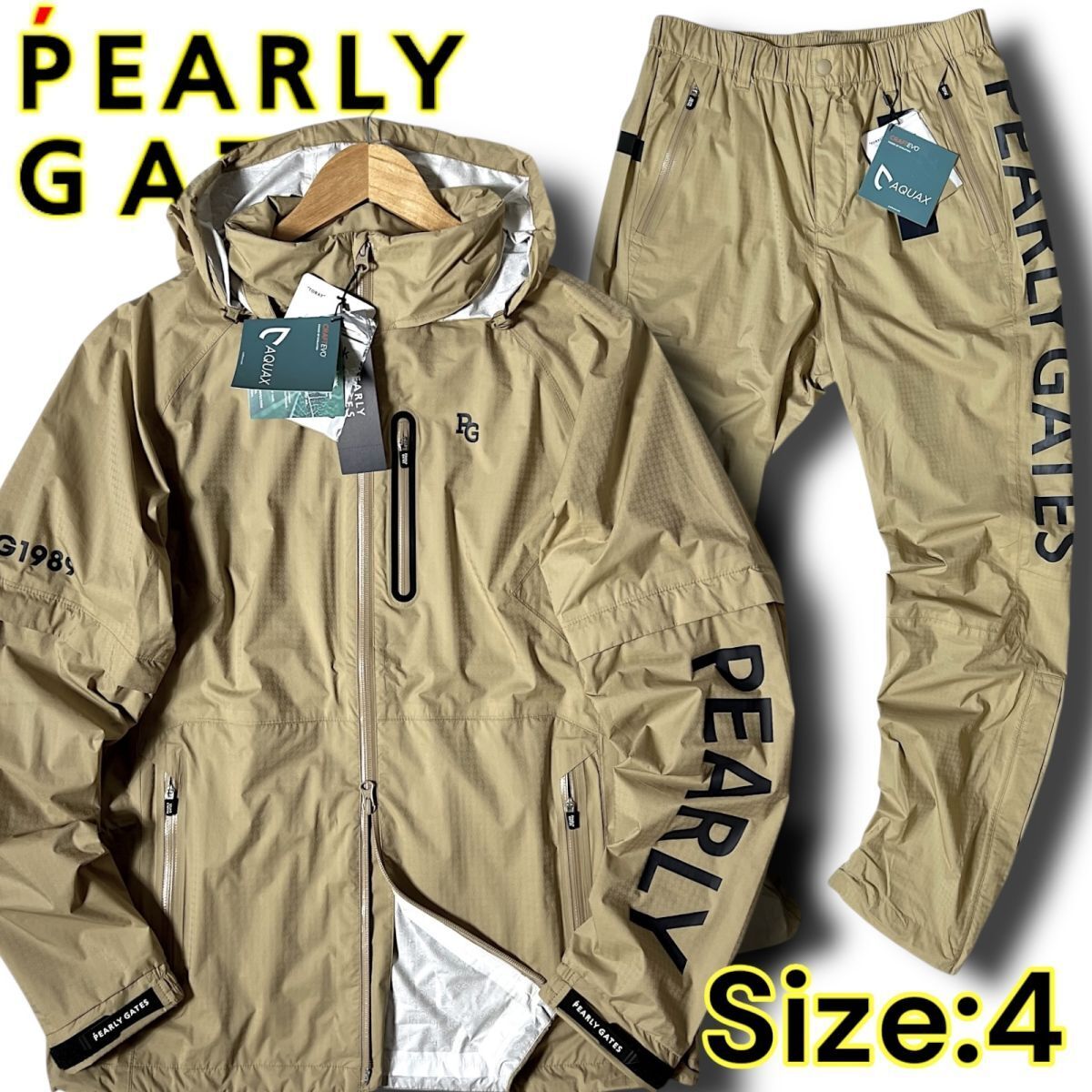 ◆新品 PEARLY GATES パーリーゲイツ 定6.8万 撥水防水透湿防風 ビッグロゴ レイン ジャケット パンツ セットアップ 4 M 上下セット C581拍卖