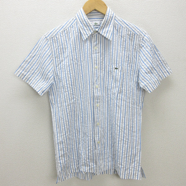 G■ラコステ/LACOSTE 半袖シャツ/シアサッカー ストライプ柄【3】白青/men's/98【中古】■拍卖