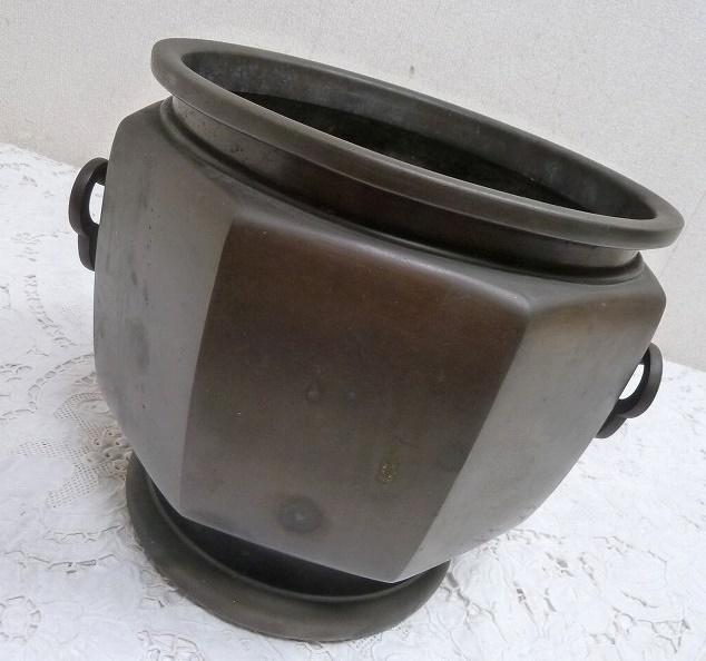 (☆BM)宣徳火鉢(0919-②)共耳付き 真鍮製 高さ25㎝/3.6kg 日本伝統工芸 手あぶり火鉢 昭和レトロ アンティーク調 金属製拍卖