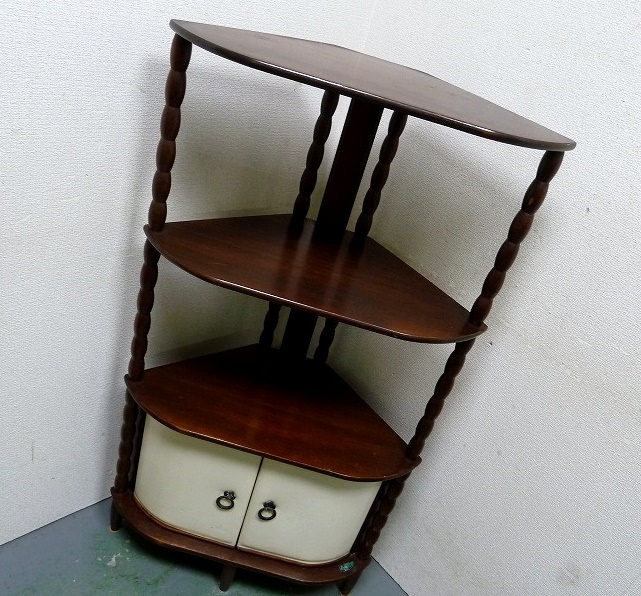 (☆BM)昭和レトロ Najico/ナジコ コーナーキャビネット 3段 高さ106㎝ 三角型 チェスト 置台 電話台 アンティーク 飾り台 棚 木製 日本製拍卖