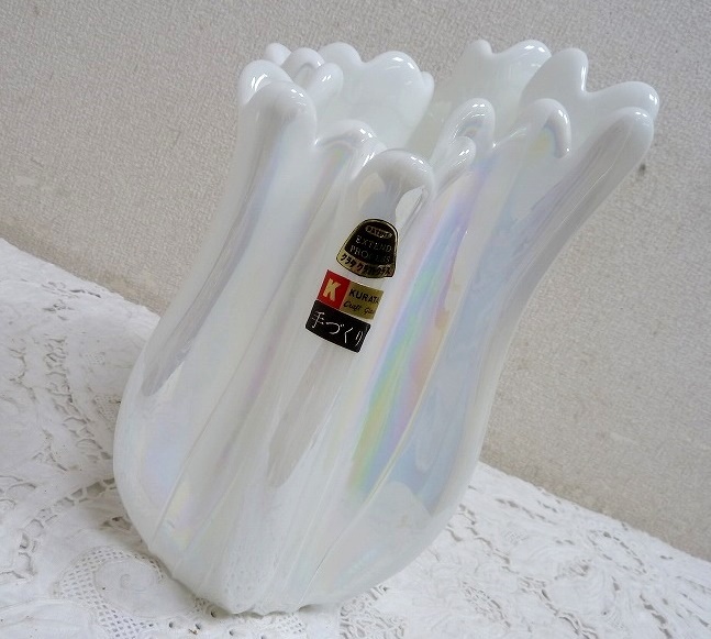 (☆BM)昭和レトロ クラタクラフト EXTEND PROCESS PATENT KURATA CRAFT ガラス製 ラスター加工 虹色 花瓶 ホワイト 白 フラワーベース 花器拍卖