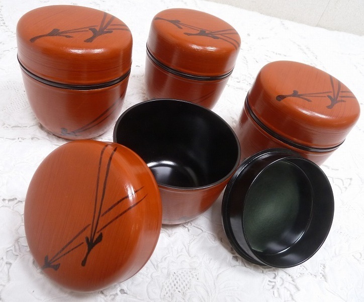 (☆BM)信玄弁当箱 4点 二段弁当箱 なつめ型 朱色 松葉 ランチボックス 小型 小ぶり 飯椀拍卖