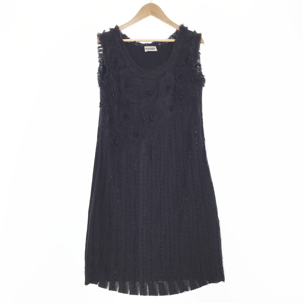 ★フィロソフィ アルベルタフェレッティ ノースリーブ シフォンワンピース サイズ38 レディース ブラック×グレー フリンジ 1BA/93874拍卖