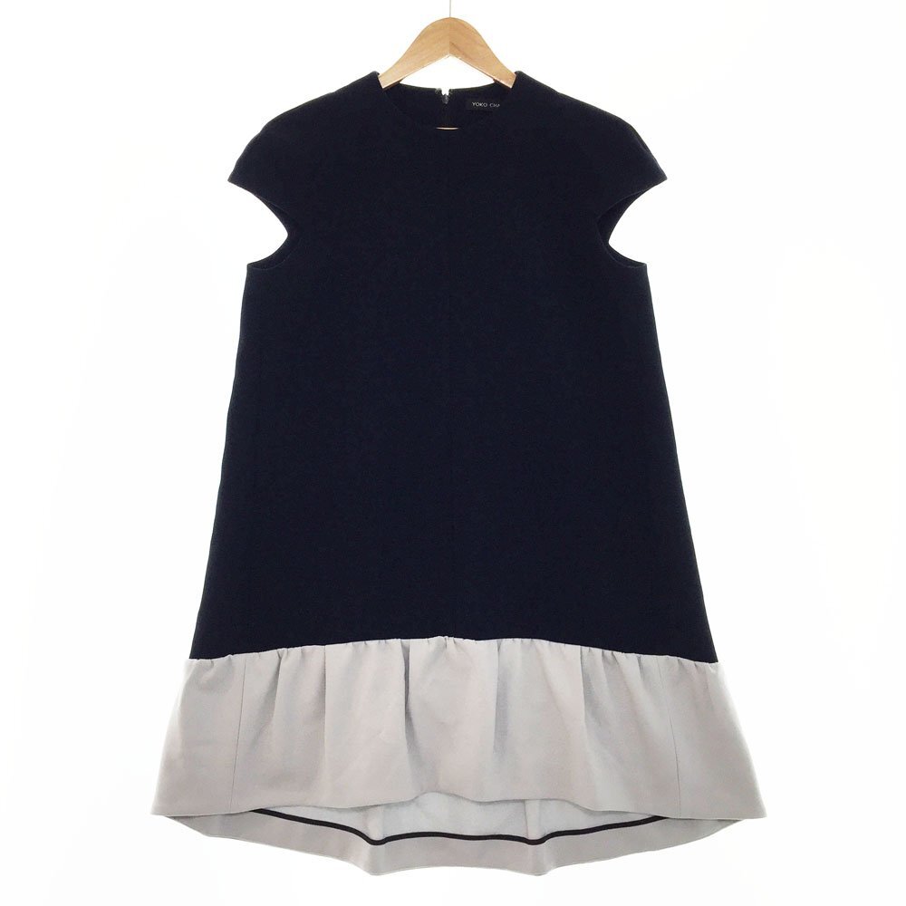 ★美品 YOKOCHAN ヨーコチャン 半袖 キャップスリーブバイカラー ドレス ワンピース レディース38 ネイビー×グレー YCD-518-197 1BA/93847拍卖