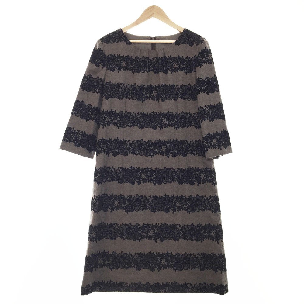 ★未使用 Leilian レリアン 7分袖 レース付きウールワンピース サイズ7 レディース ブラウン×ブラック ストレッチ IC-0305247 1BB/93928拍卖