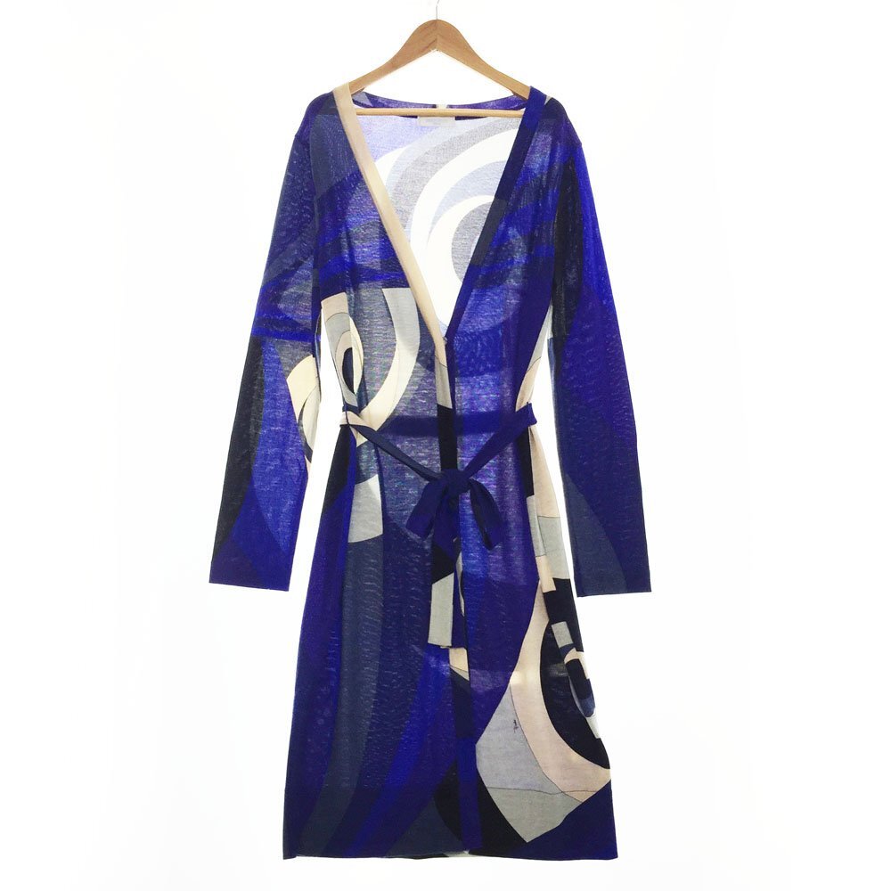 ★EMILIO PUCCI エミリオプッチ 長袖 ミンダナオ柄 ウール ロングカーディガン サイズIT44 レディース ブルー×ベージュ 96KQ30 1BA/93940拍卖